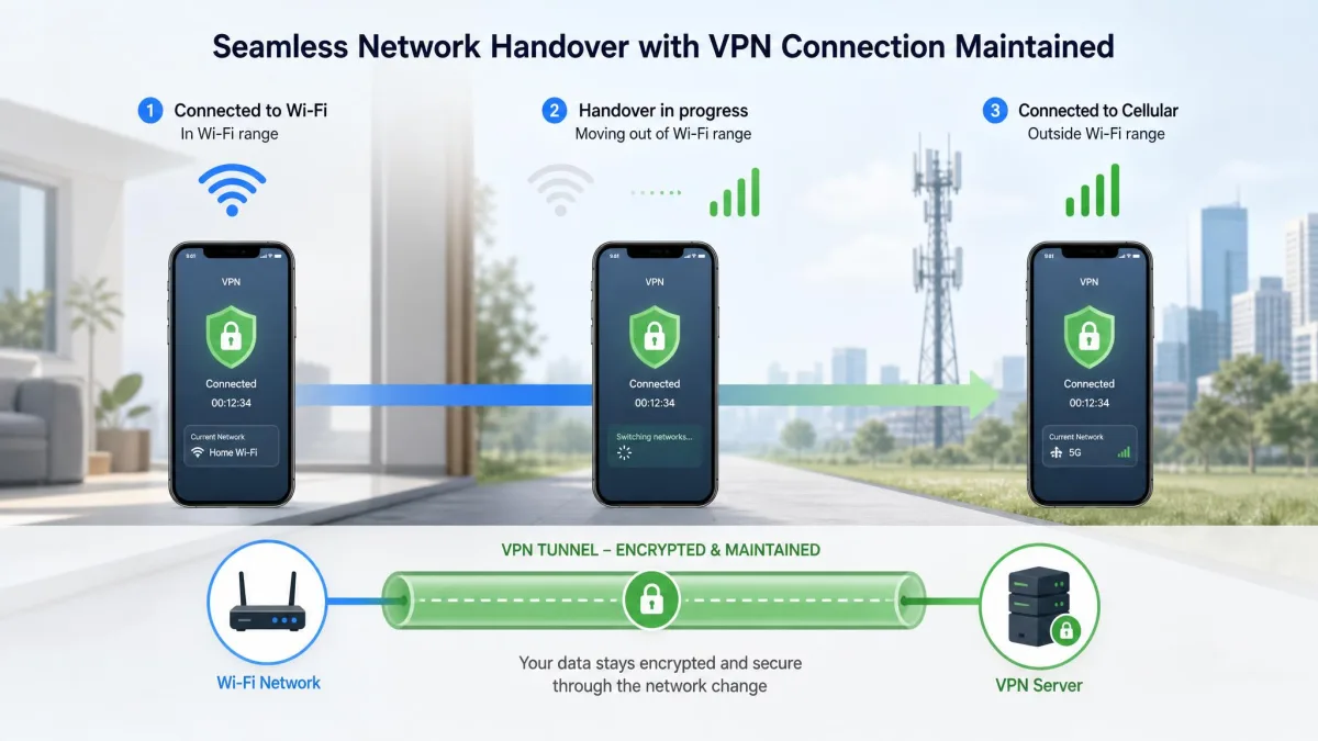 A smartphone moving out of Wi-Fi range onto a cellular network, illustrating a VPN tunnel maintaining connection during the handover between the two networks.