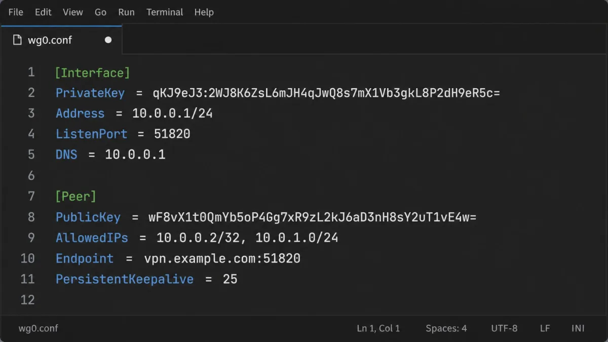 A WireGuard configuration file open in a text editor showing the Interface and Peer sections with private key, public key, allowed IPs, and endpoint on UDP port 51820.