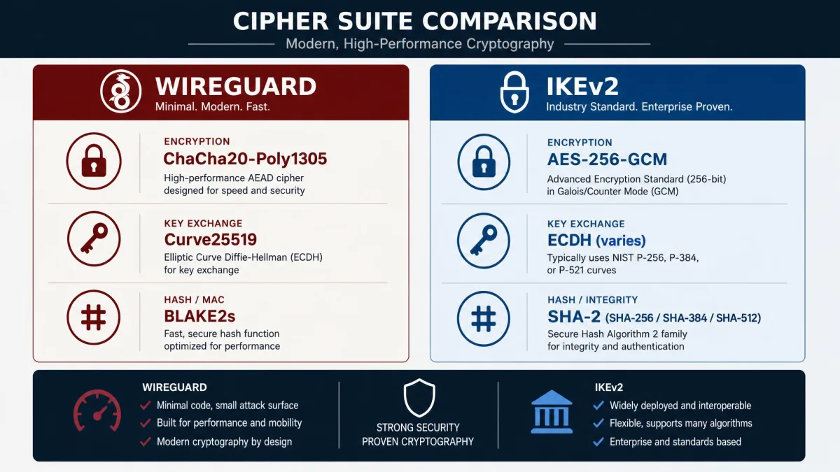 A comparison graphic of cipher suites showing WireGuard's ChaCha20-Poly1305, Curve25519, and BLAKE2s next to IKEv2's AES-256-GCM with SHA-2 hashing.