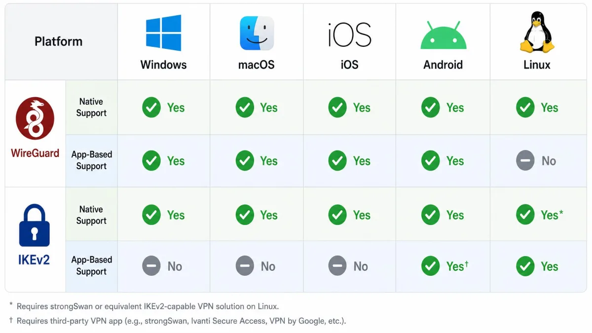 A grid of Windows, macOS, iOS, Android, and Linux logos with checkmarks showing native and app-based support for WireGuard and IKEv2 across each platform.