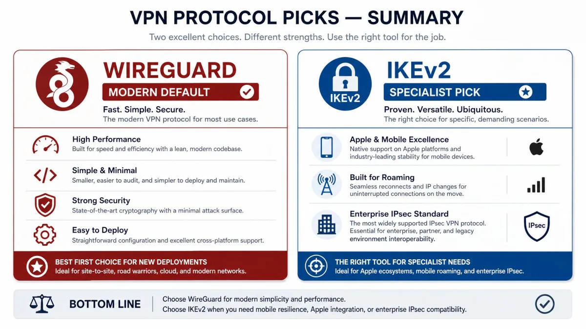 A summary graphic showing WireGuard marked as the modern default and IKEv2 marked as the specialist pick for Apple, mobile roaming, and enterprise IPsec.