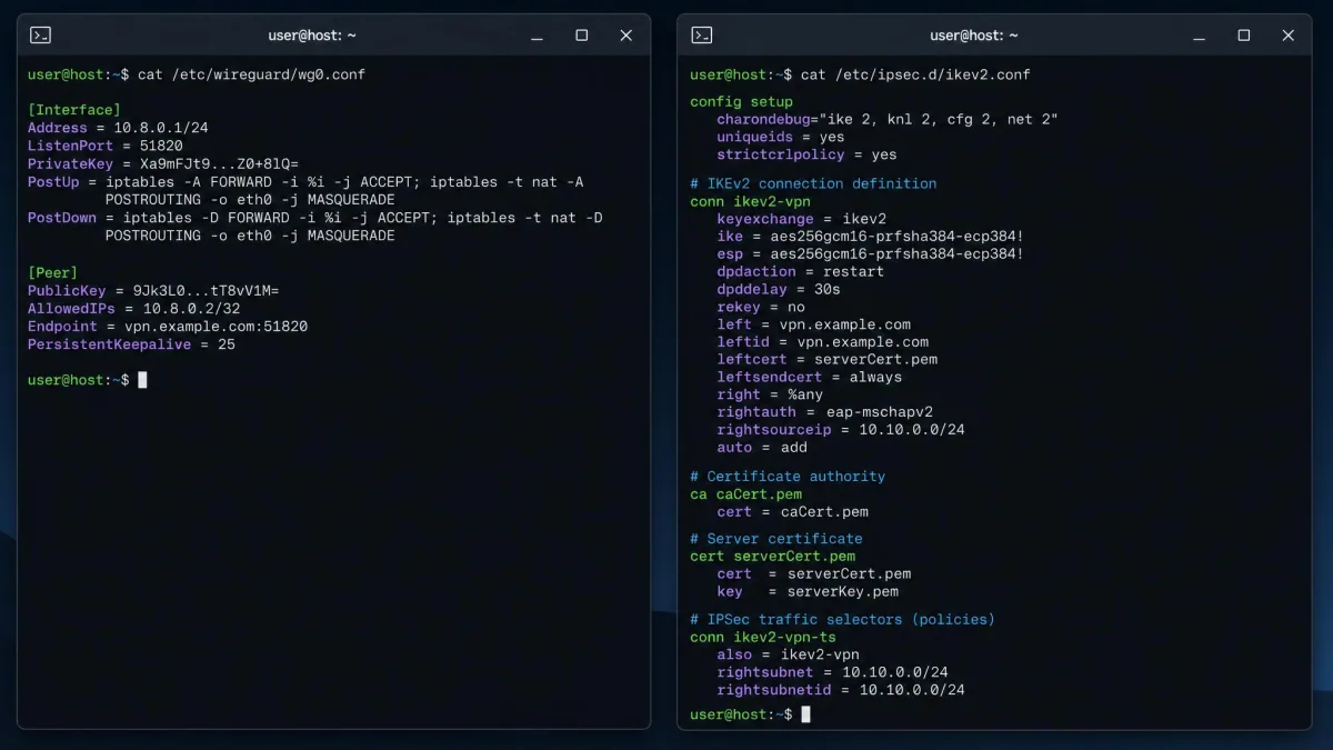 Two terminal windows side by side, one showing a short WireGuard config with a handful of lines and the other showing a longer IKEv2/IPsec configuration with certificate and policy sections.