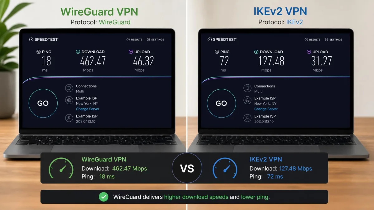 Side-by-side VPN speed-test results on two laptops, one running WireGuard and one running IKEv2, showing WireGuard with higher download throughput and lower ping.