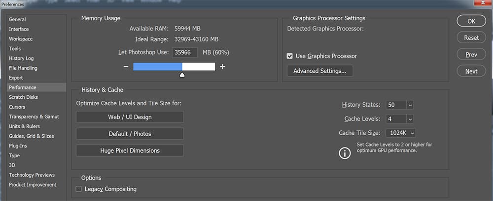 Photoshop memory usage settings