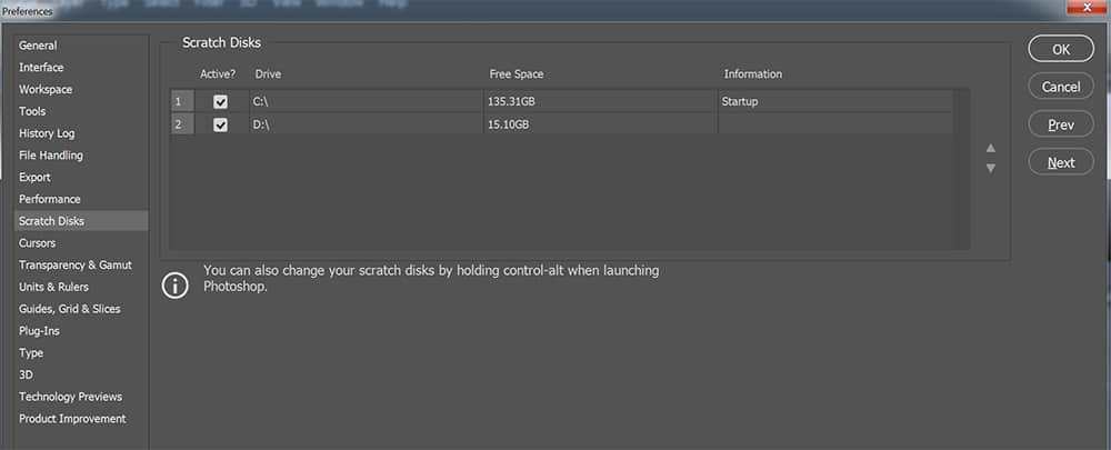 Photoshop scratch disk settings