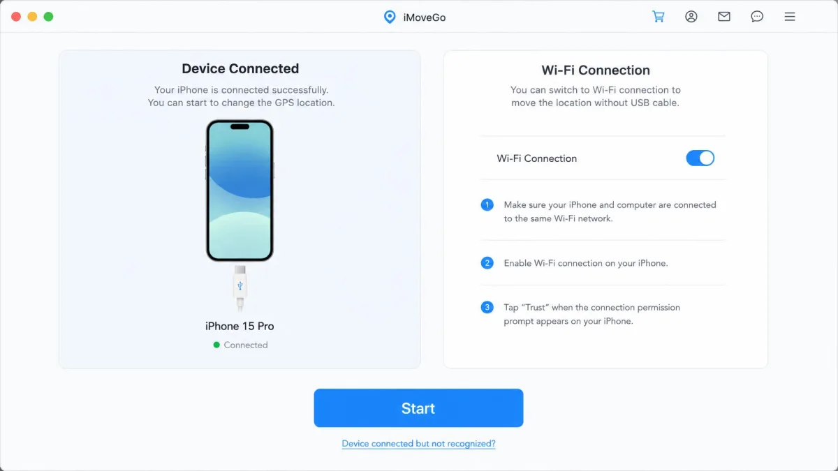 iMoveGo's connection screen on macOS showing a connected iPhone with a USB cable icon on the left and a Wi-Fi connection toggle on the right, above a blue Start button.