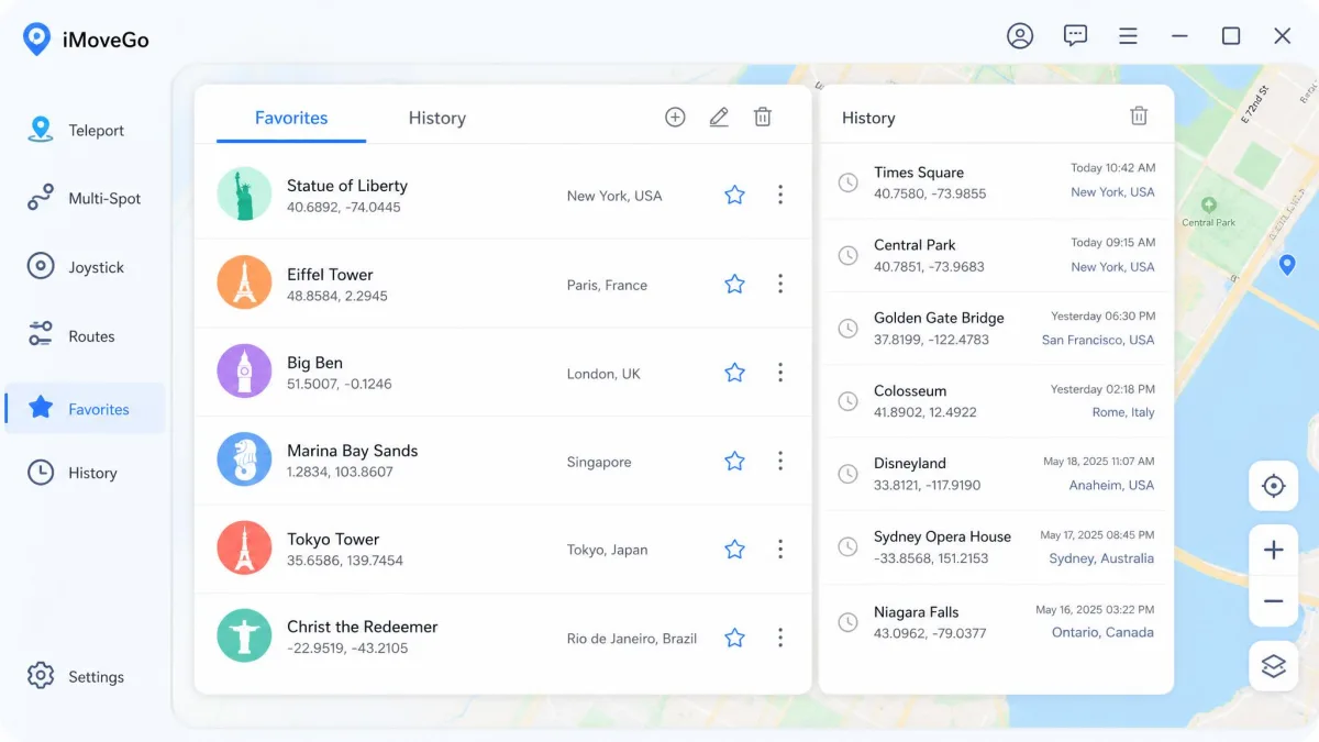 The iMoveGo favorites panel listing six saved locations with coordinates and city names, with a history tab showing previously used spots beside it.