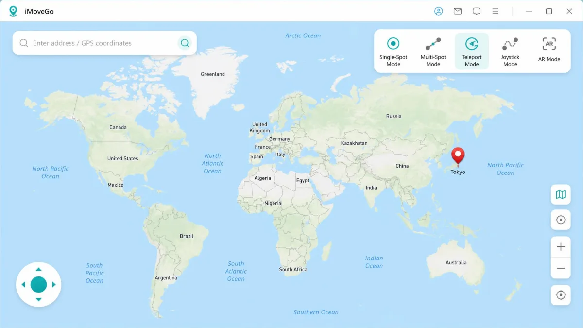 The iMoveGo desktop client on Windows showing the world map with a search bar at the top, a dropped pin over Tokyo, and the Teleport Mode icon highlighted in the top-right mode selector.