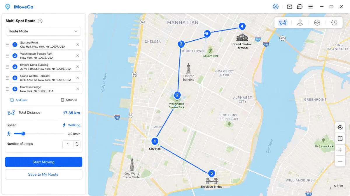 iMoveGo's multi-spot route mode with five numbered waypoints connected across a city map, a speed slider set to walking pace, and the total route distance shown in the sidebar panel.