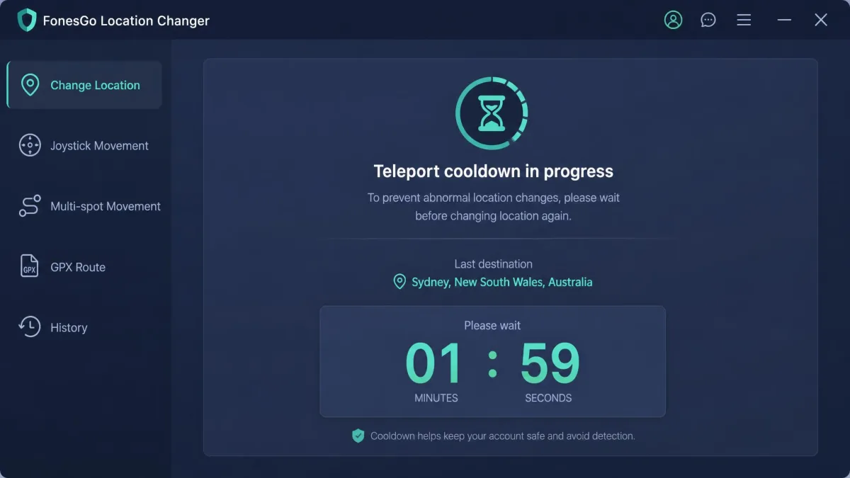 The FonesGo Location Changer cooldown timer panel counting down a two-minute wait after a long-distance teleport, with the last destination listed above it.