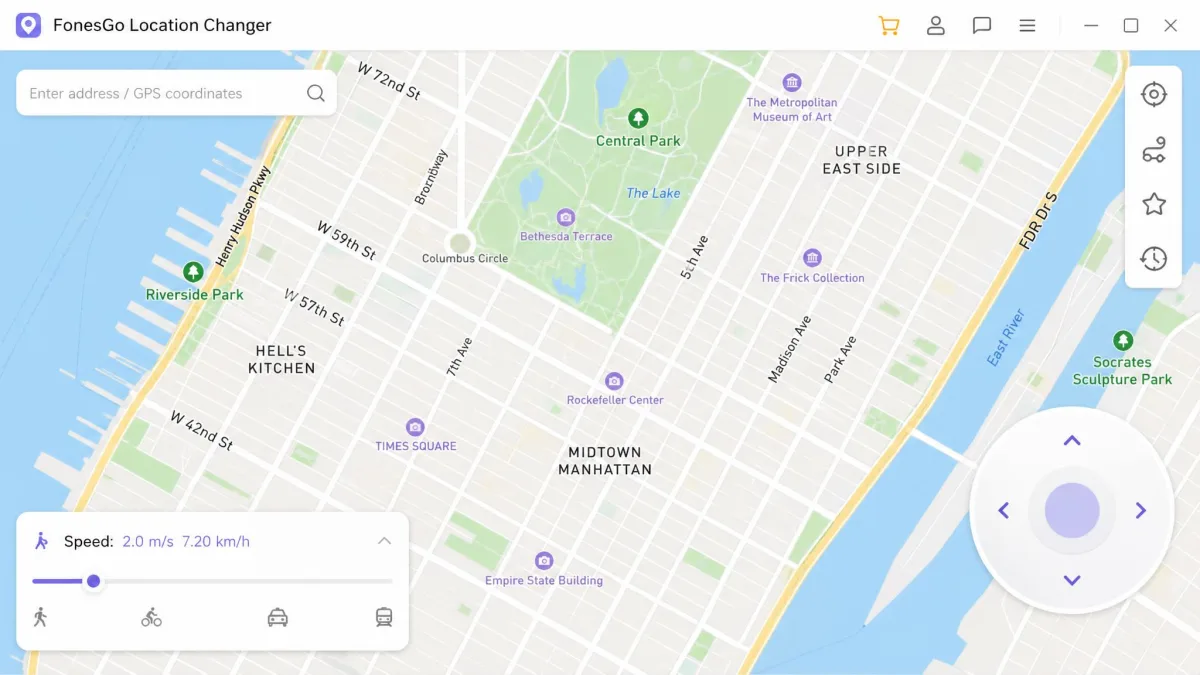 The FonesGo Location Changer joystick overlay on a city street map, with the circular directional pad in the lower right and a speed slider set to walking pace.