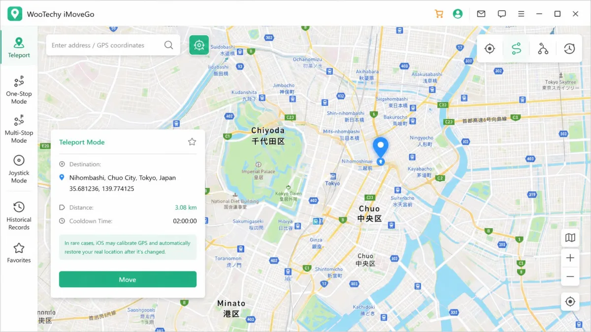 WooTechy iMoveGo in teleport mode with a destination pin dropped on a map of central Tokyo and a Move button ready in the confirmation panel.