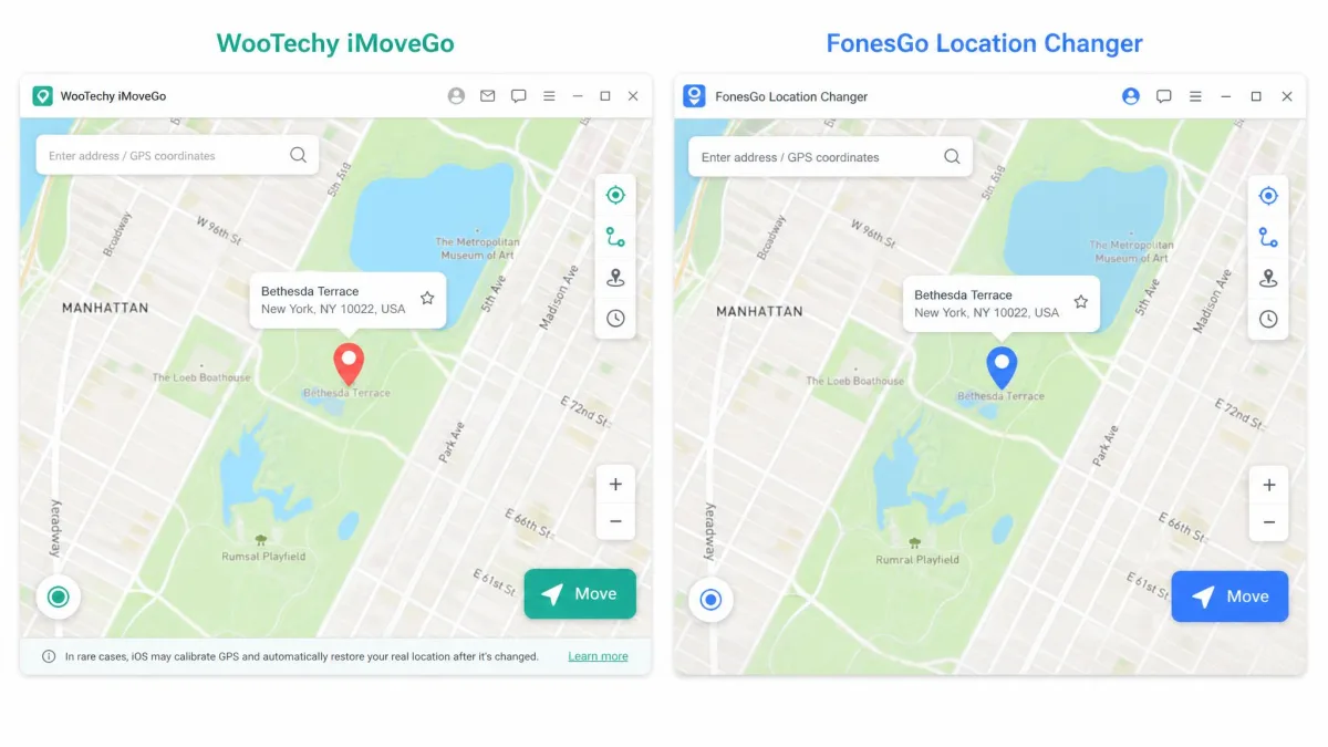 Side-by-side screenshots of the WooTechy iMoveGo and FonesGo Location Changer desktop map screens, each showing a search bar, a pinned destination and a Move button in the lower right corner.