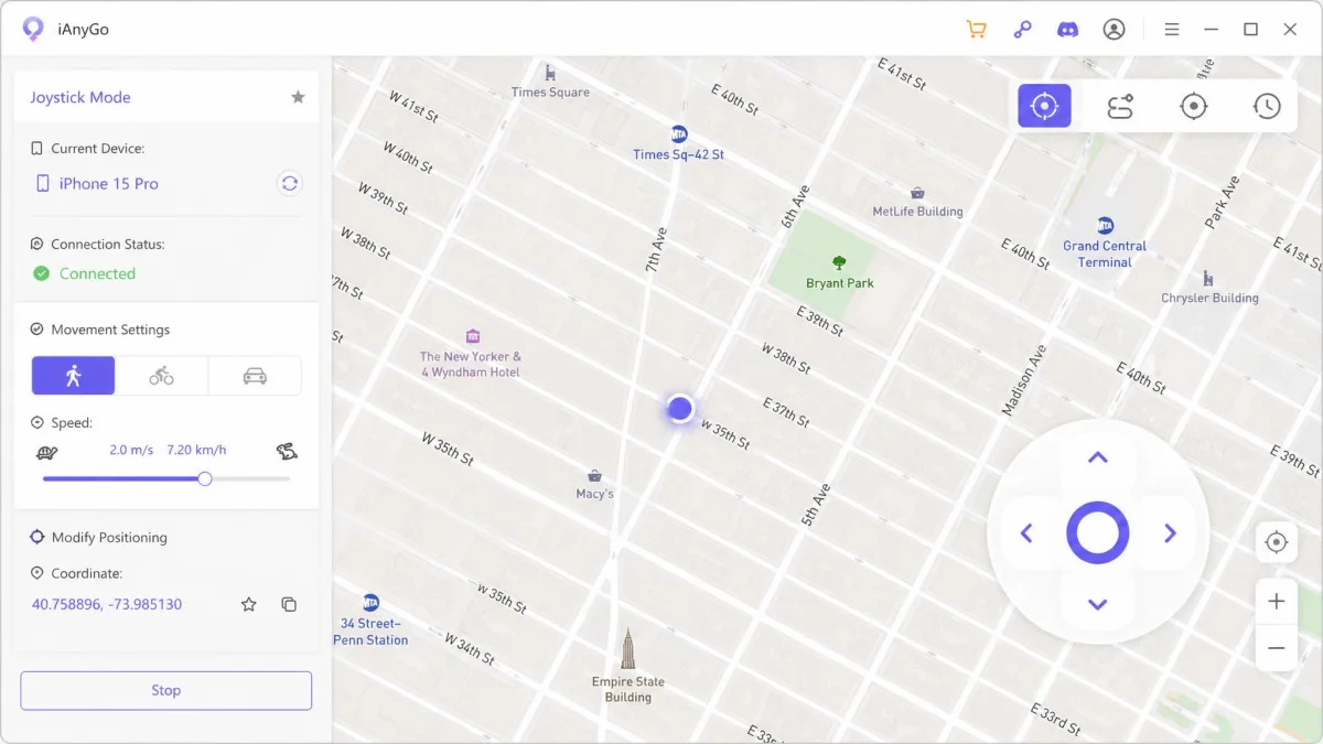 iAnyGo joystick mode with the circular directional control over a street map and the connected iPhone name in the sidebar.