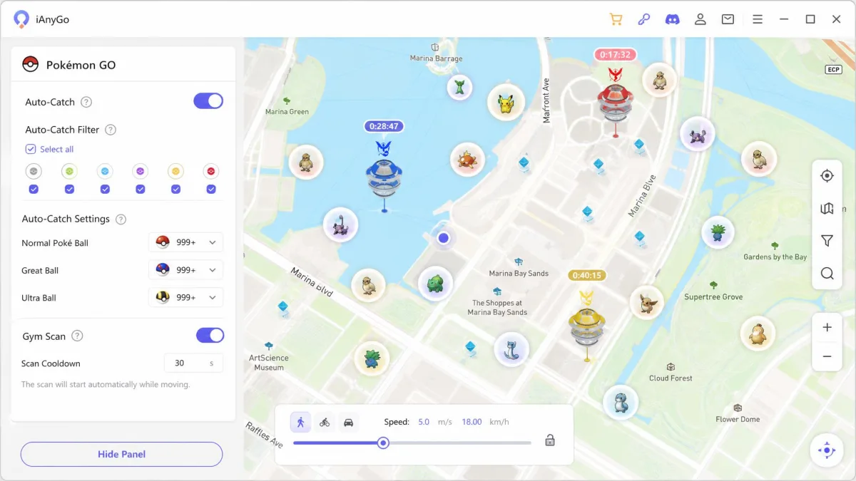 iAnyGo's Pokemon GO panel showing auto-catch enabled, the gym scanning toggle and nearby spawn points on the map.