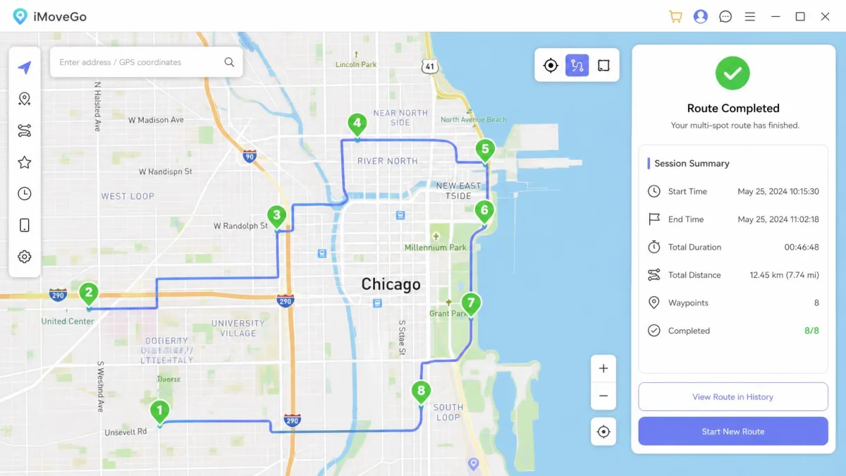A completed iMoveGo multi-spot route across a city map with every waypoint marked green and a session summary panel.