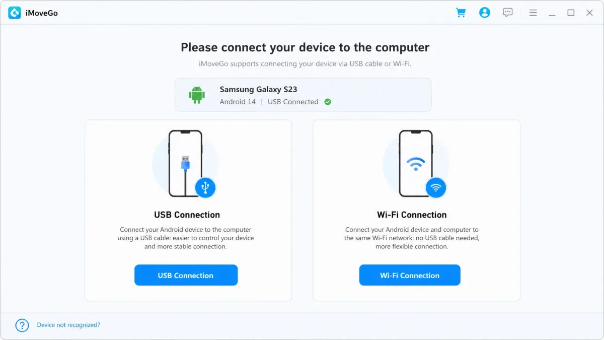 iMoveGo connection screen listing a detected Android phone with the USB and Wi-Fi connection options side by side.
