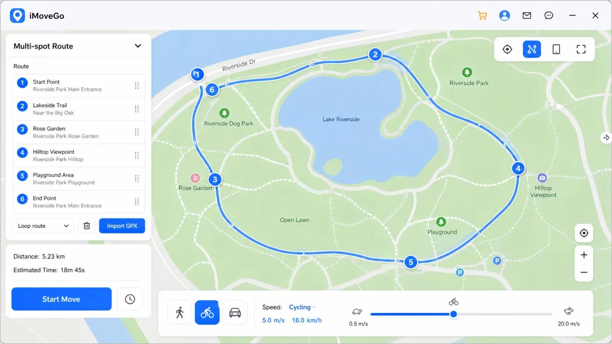 iMoveGo multi-spot route mode with six numbered waypoints along a park path and the speed slider set to cycling pace.