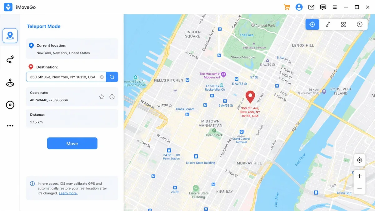 iMoveGo teleport mode with an address typed into the search box and a red pin marking the chosen destination.