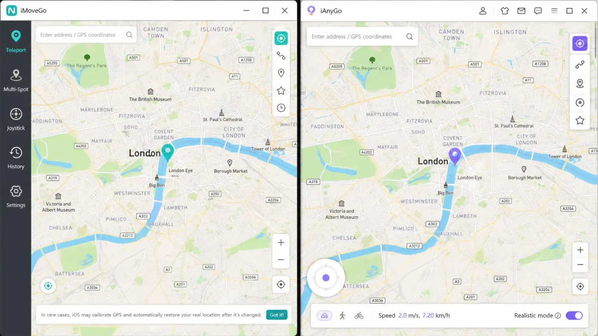 Split screen with the iMoveGo map window on the left and the iAnyGo map window on the right, each with a pin dropped in central London.