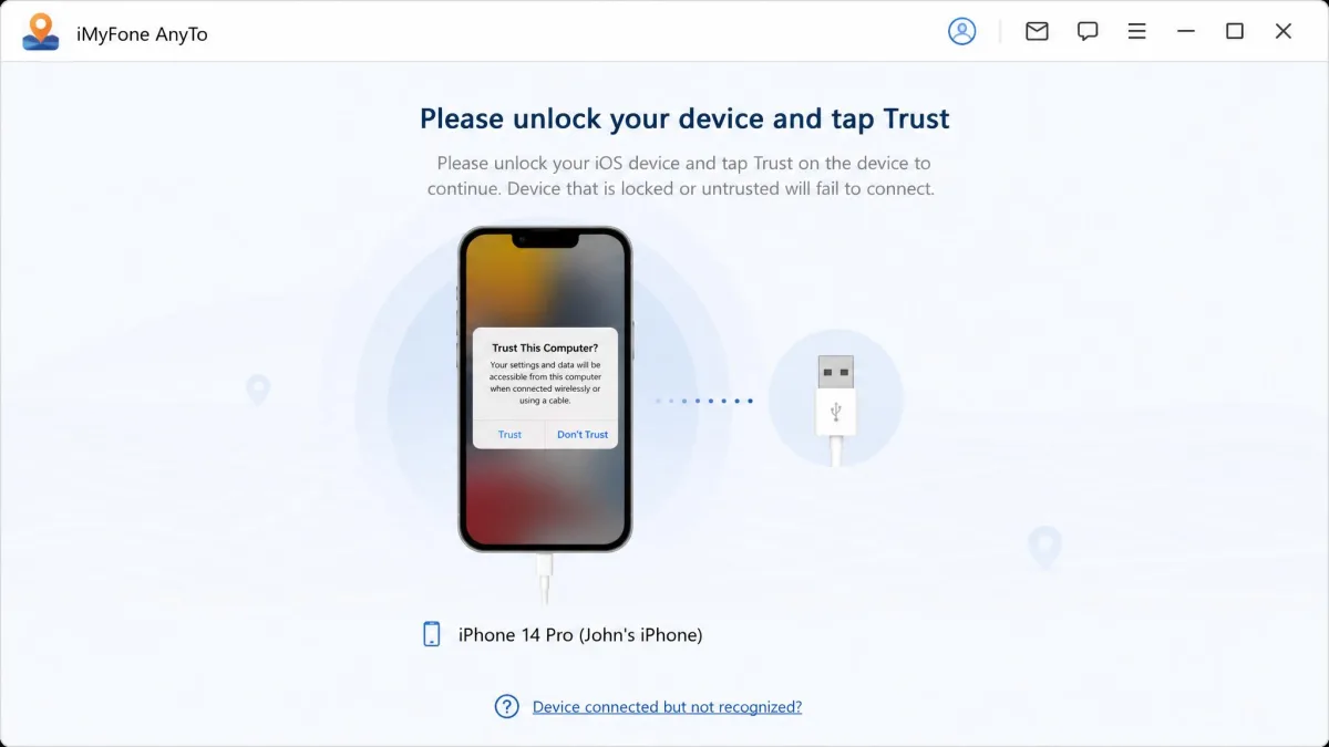 The iMyFone AnyTo connection screen on Windows prompting the user to unlock the connected iPhone and tap Trust, with a USB cable icon and a device name listed below.