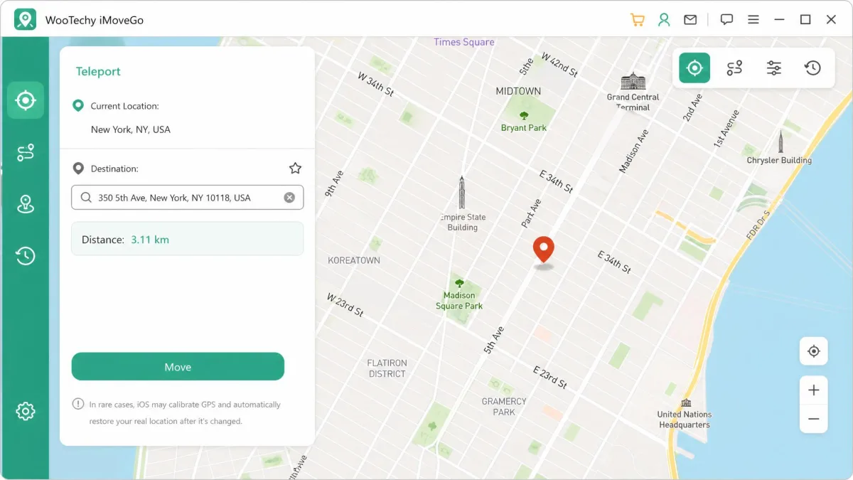 The WooTechy iMoveGo teleport screen with a city address typed into the search field, a red pin dropped on the map and a Move button showing the distance to the selected point.
