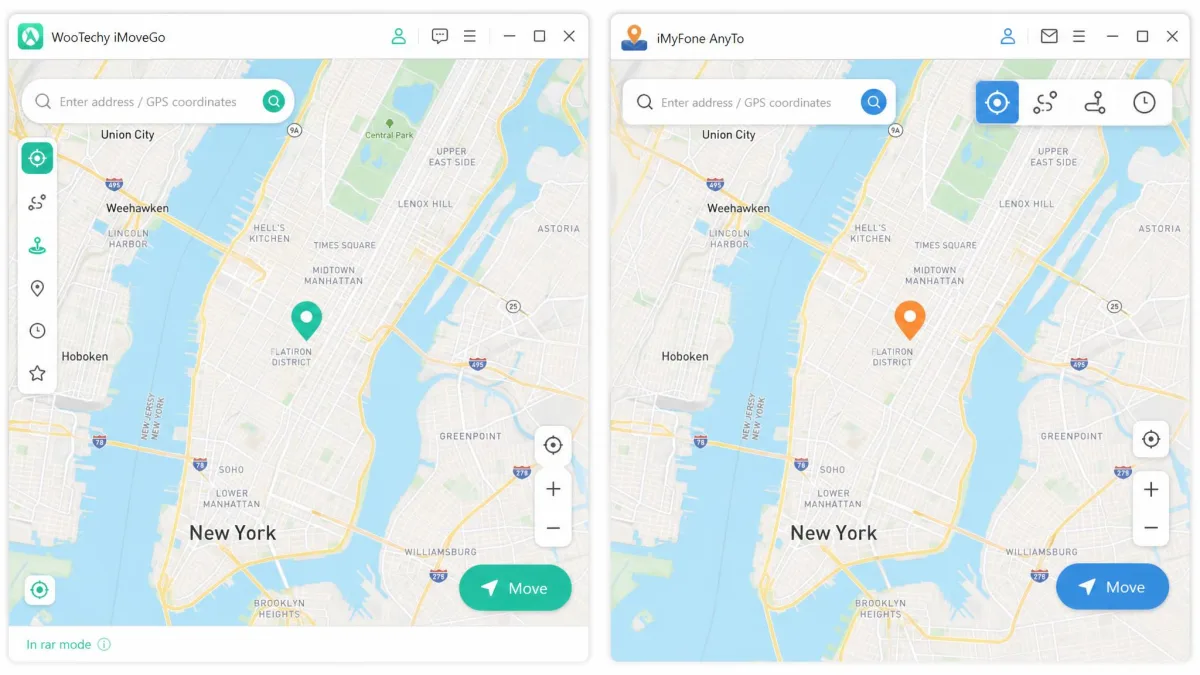 Side-by-side screenshots of the WooTechy iMoveGo and iMyFone AnyTo desktop map screens, each showing a search bar, a dropped pin on a city map and a Move button in the lower right corner.