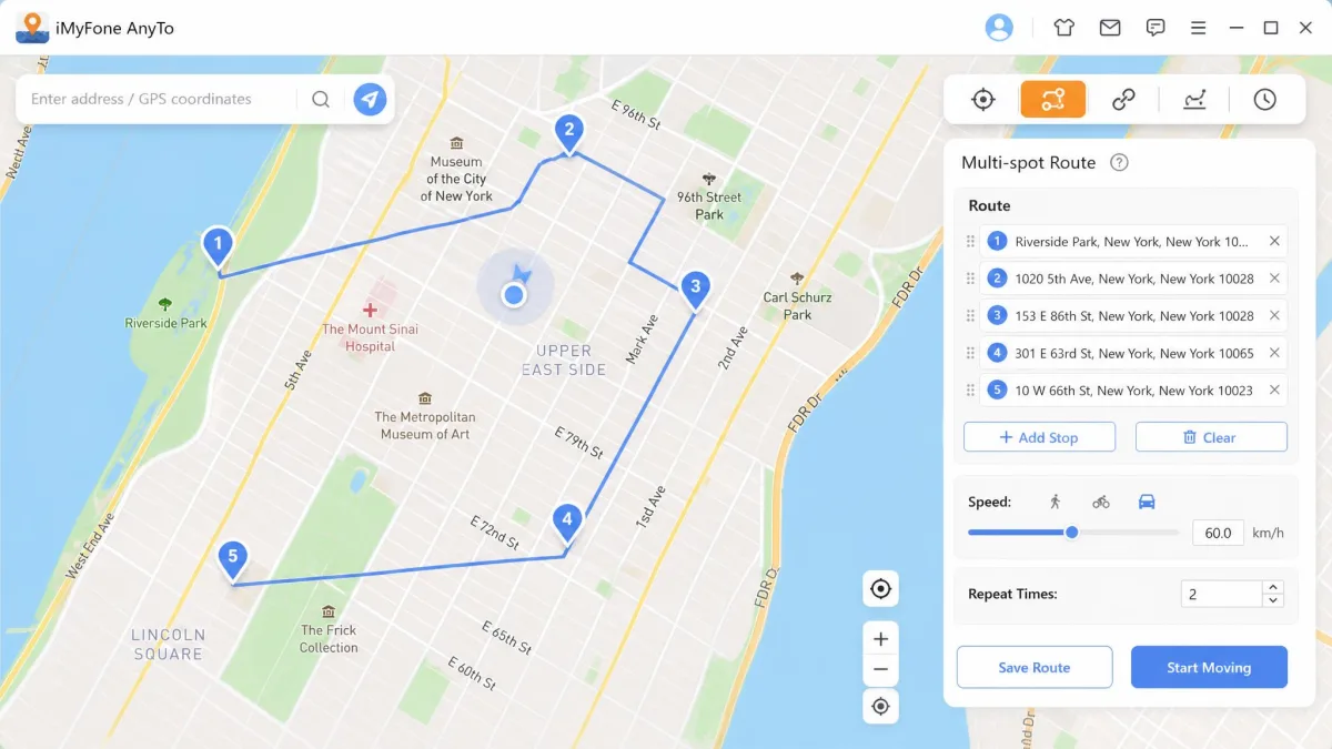 The iMyFone AnyTo multi-spot route screen showing five numbered pins connected along a city street path, with a speed slider and a repeat-times field in the right-hand panel.