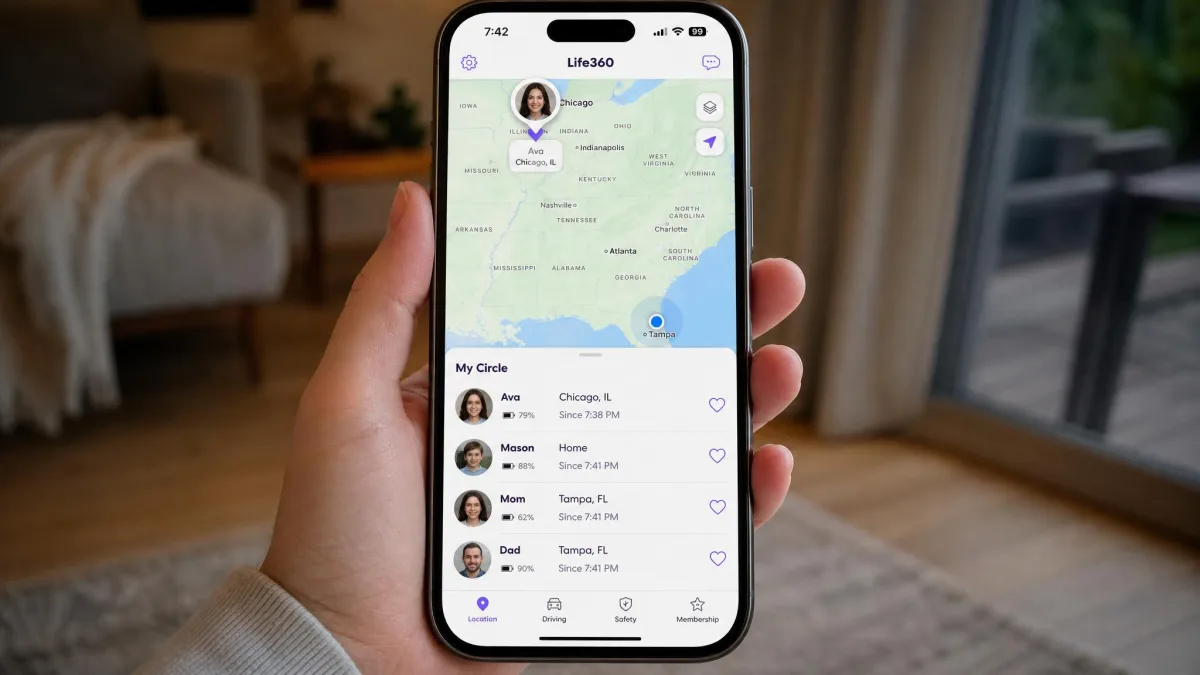 A Life360 map on a phone showing a family member pin placed in a different city from the phone's real position, with the circle member list visible below the map.