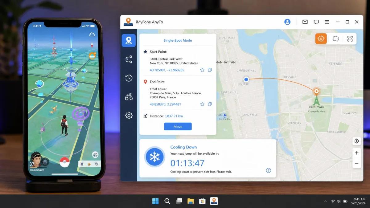 A Pokemon GO map screen on a phone next to a desktop location changer window displaying an active cooling timer counting down before the next allowed jump.