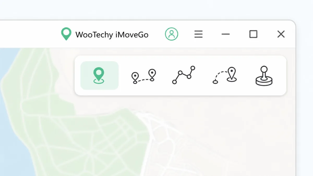 Close-up of WooTechy iMoveGo's mode switcher in the top-right corner of the window, showing the teleport, two-spot, multi-spot, jump teleport and joystick icons in a single small row.