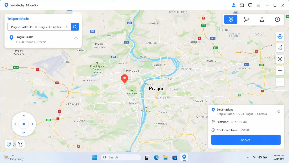 WooTechy iMoveGo's teleport mode on a Windows desktop, showing the address search box in the top-left, a red destination pin on a European city map, and the blue Move button in the bottom-right panel.