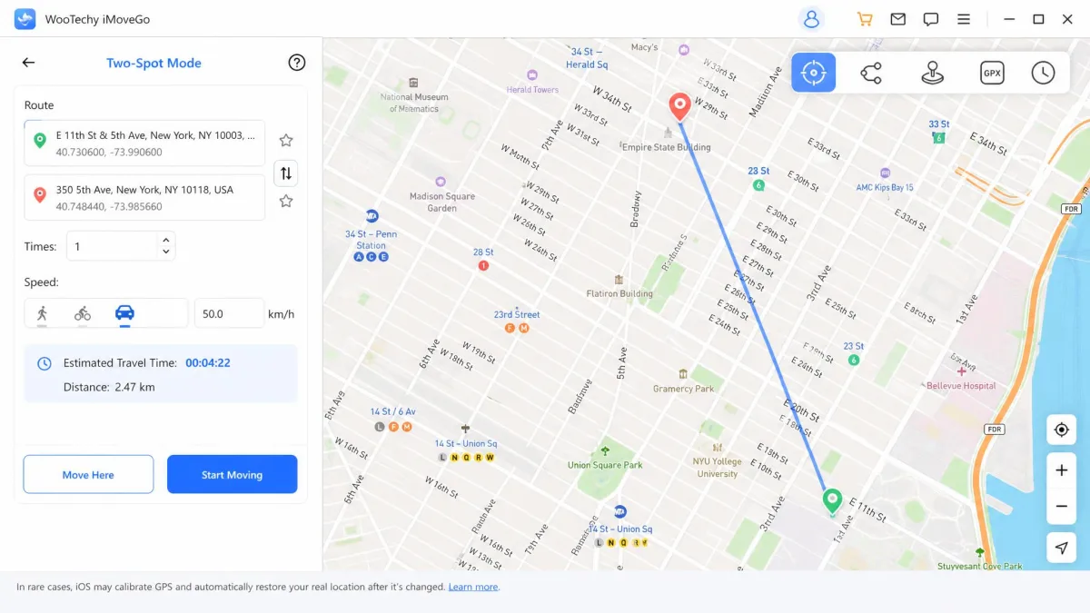WooTechy iMoveGo in two-spot mode showing a straight blue line drawn between a start pin and an end pin across a city map, with the estimated travel time panel open on the left.