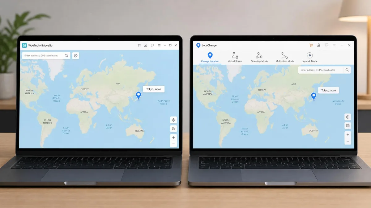 Two laptop screens side by side, the left showing WooTechy iMoveGo's world map with a teleport pin dropped on Tokyo, the right showing LocaChange's map with the same pin and its mode toolbar along the top.