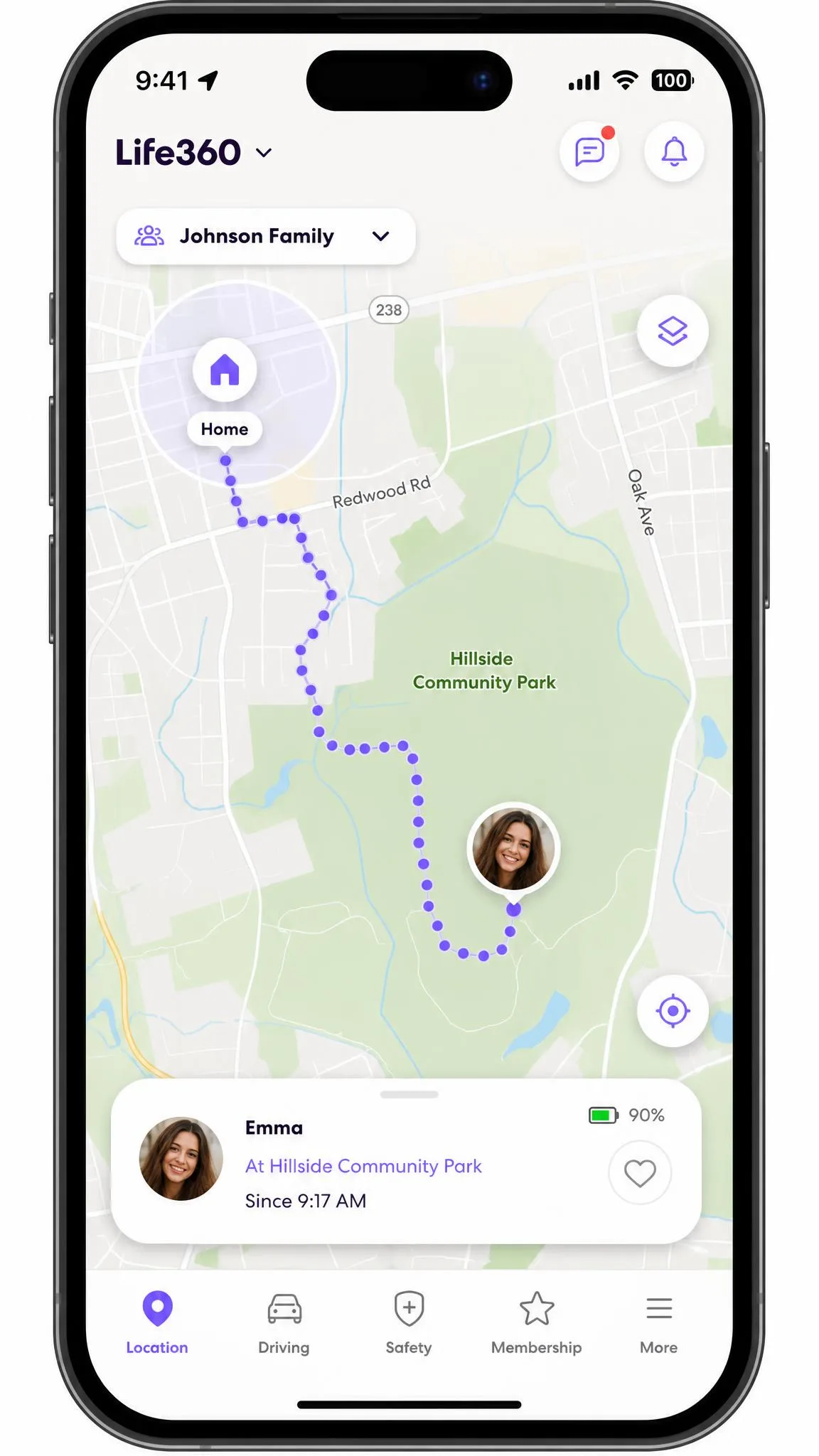 A phone screen showing the Life360 circle map with a family member's avatar placed in a park several miles from home, the location trail drawn behind it as a walking path.
