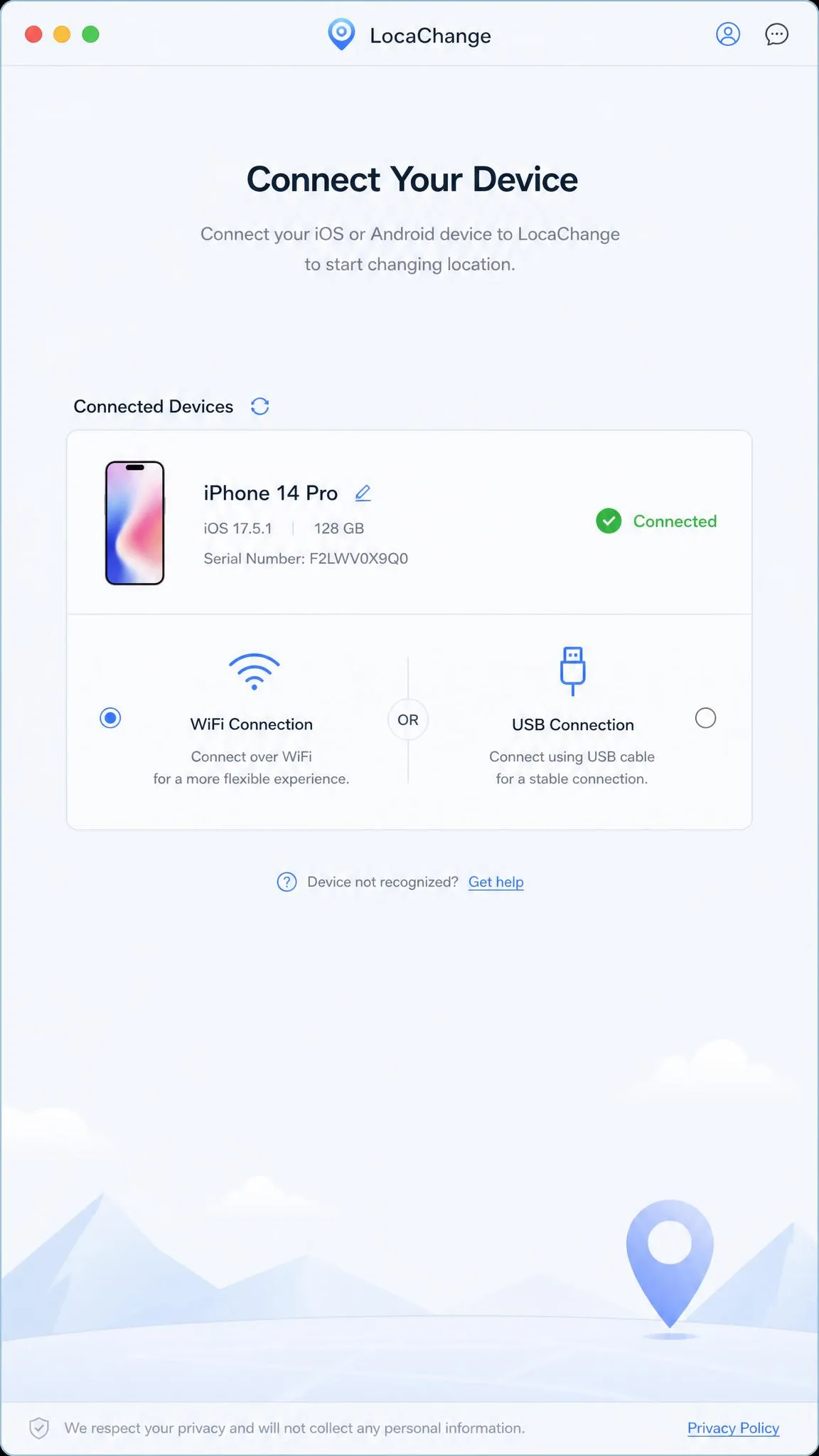 LocaChange's device connection screen on a Mac, showing a connected iPhone in the device list with a WiFi and a USB connection option side by side and a green connected status.