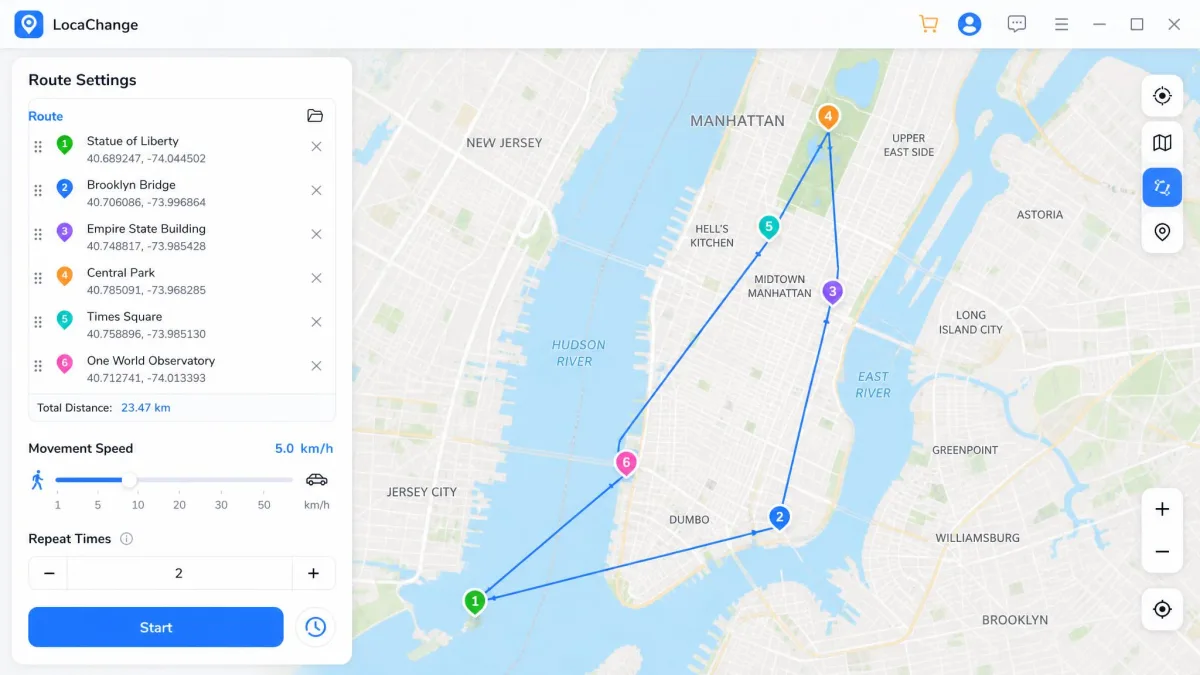 LocaChange's route settings panel with the movement speed slider set near 5 km/h, a repeat-times counter, and the start button below a multi-waypoint path on the map.