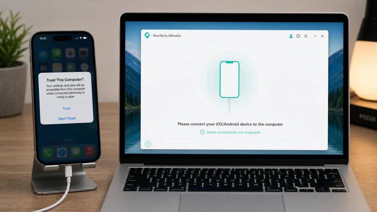 An iPhone screen showing the Trust This Computer prompt next to a laptop running WooTechy iMoveGo, with the desktop app waiting on a device-detection screen.