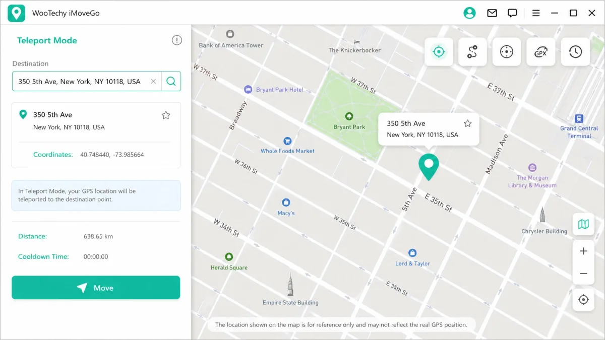 WooTechy iMoveGo Teleport Mode with a destination typed into the search bar, a pin dropped on a city street map and the Move button highlighted in the side panel.