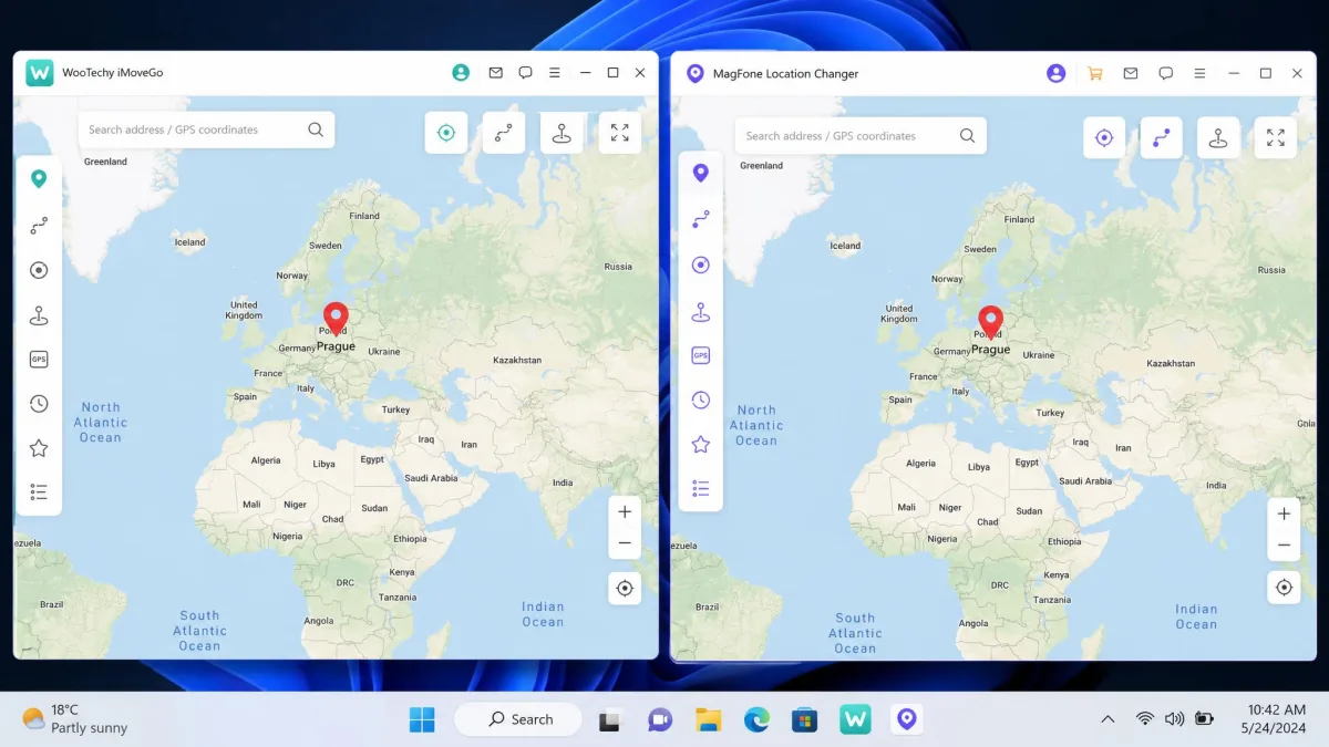 Two desktop windows side by side, WooTechy iMoveGo on the left and MagFone Location Changer on the right, each showing a world map with a search bar and a red location pin dropped on a European city.