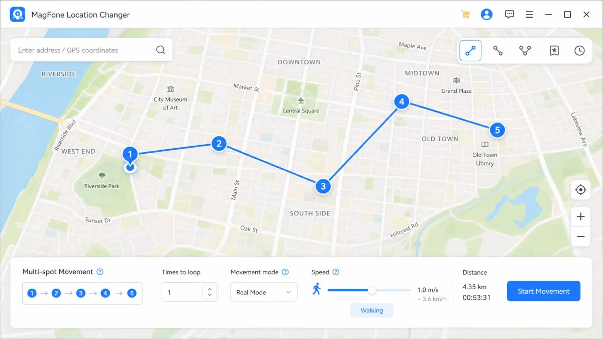 MagFone Location Changer multi-spot movement screen showing five numbered waypoints connected by a blue route line across a city map, with a speed slider set to a walking pace in the lower panel.
