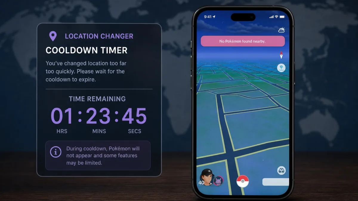A location changer cooldown timer panel counting down beside a phone showing Pokemon GO with no nearby spawns, illustrating a soft ban after a long-distance teleport.