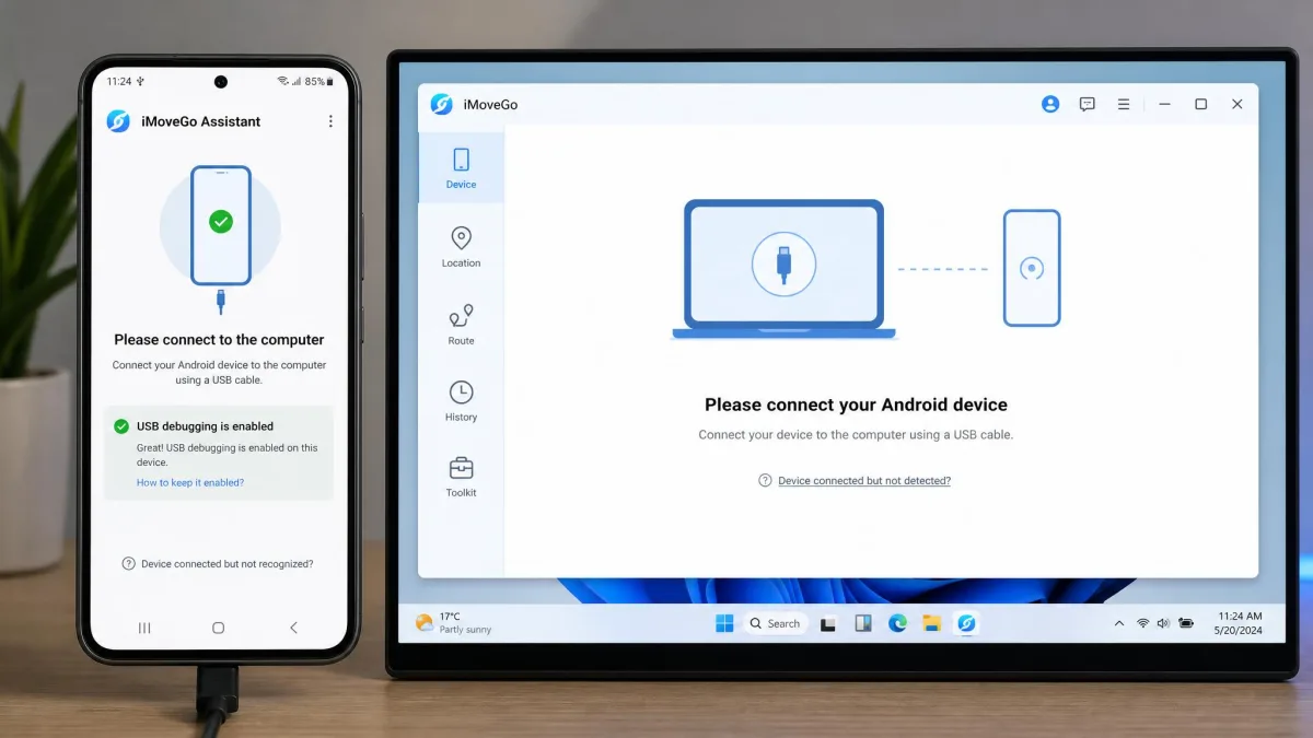 Android phone screen showing the iMoveGo Assistant app connection prompt with USB debugging enabled, next to the desktop client waiting to detect the device.