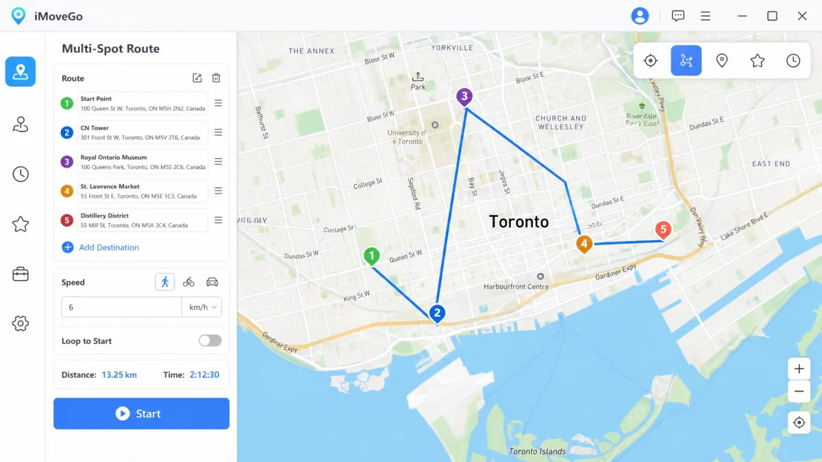 iMoveGo's Multi-Spot route planner with five numbered waypoints connected across a city map, the speed field set to 6 km/h, and the start button highlighted.