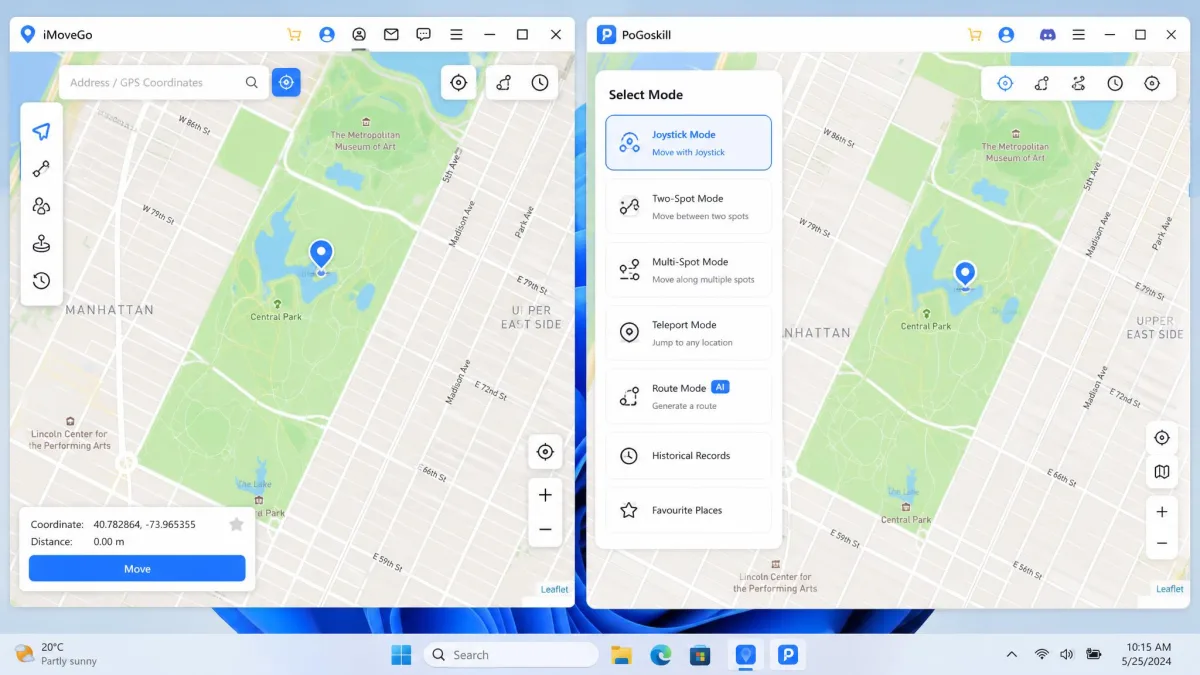Split screenshot showing the iMoveGo desktop map with a dropped pin on the left and the PoGoskill map interface with its mode selector on the right, both on Windows 11.