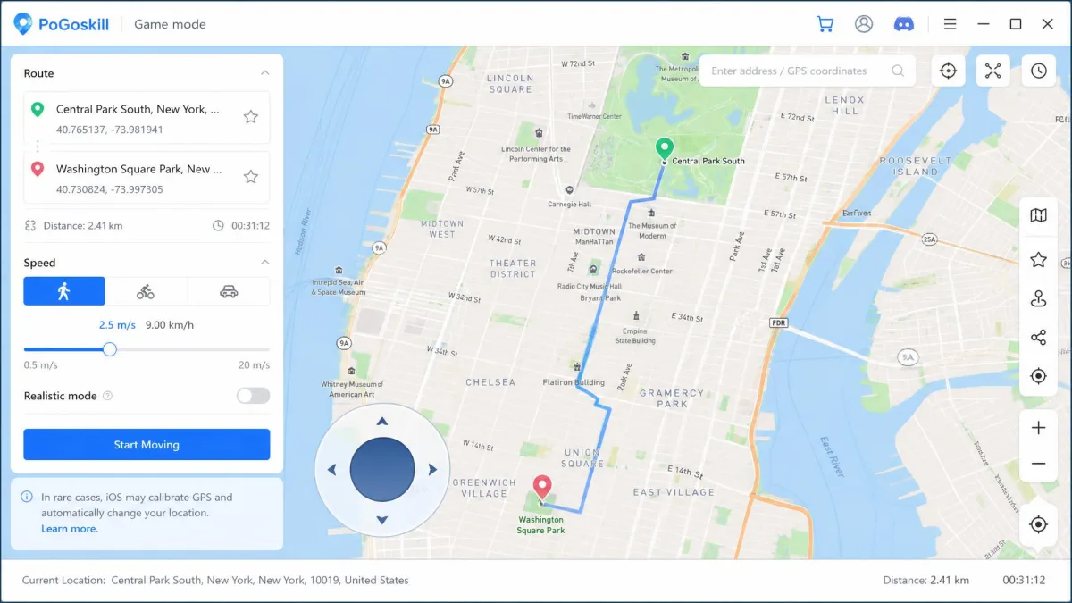 PoGoskill's Game mode screen with the circular joystick control overlaid on a city map, speed slider set to walking pace, and a route line drawn between two pins.