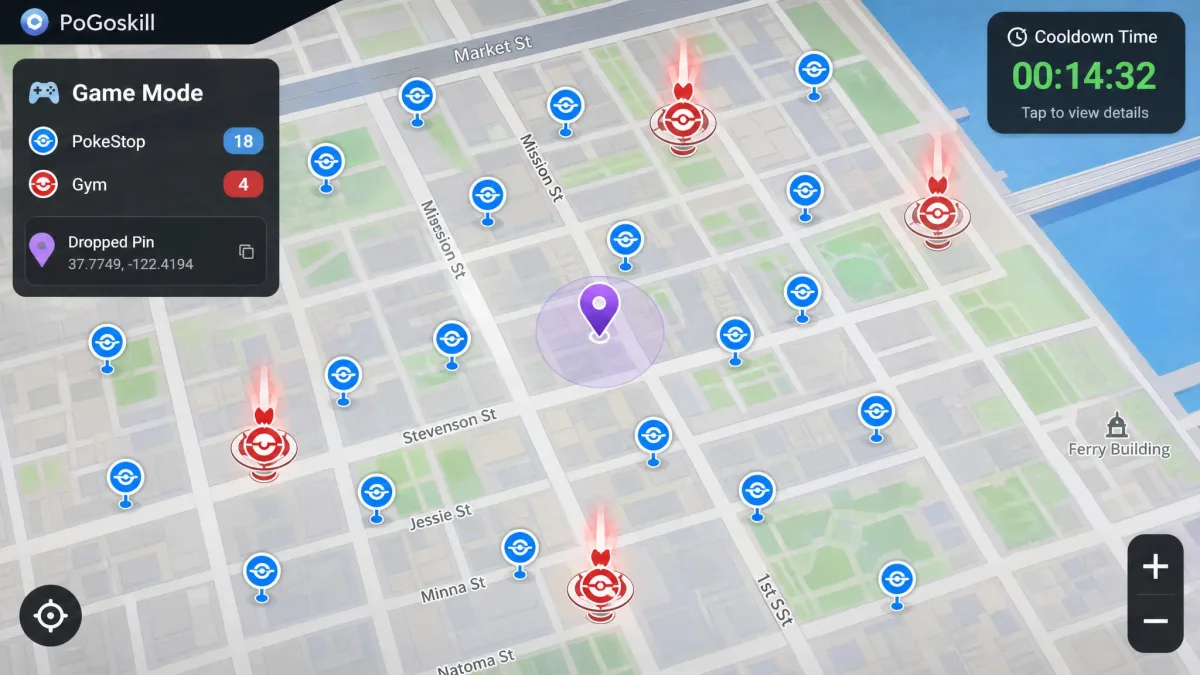 PoGoskill Game mode map showing PokeStop and Gym icons detected around a dropped pin in a downtown area, with the cooldown timer visible in the corner.