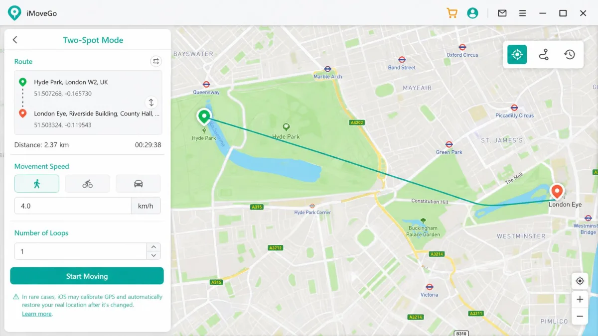The iMoveGo two-spot mode screen with a straight route line drawn between two pins on a city map and the movement speed field set to a walking pace in kilometres per hour.