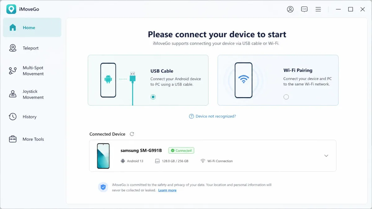 The iMoveGo desktop connection prompt asking the user to choose between a USB cable and a Wi-Fi pairing, with a connected Android phone detected in the device list below.
