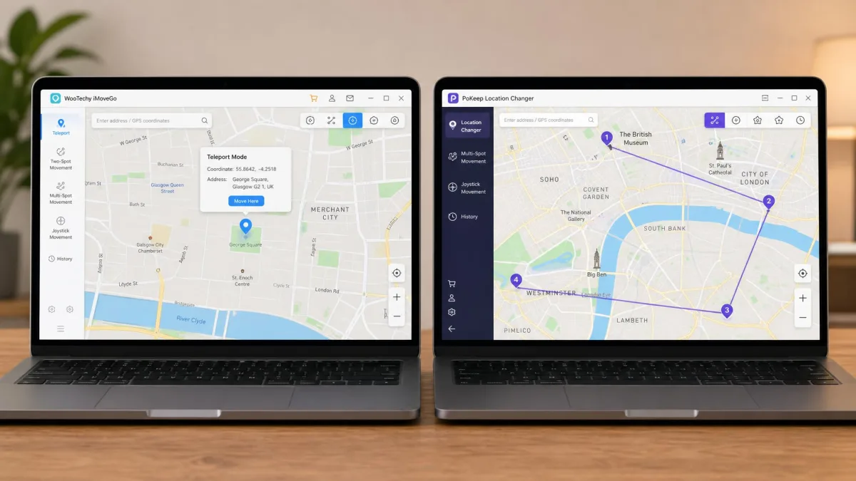 Two laptop screens side by side, one running the WooTechy iMoveGo desktop map with a teleport pin dropped on a city centre, the other running the PoKeep location changer map with a multi-spot route drawn between four waypoints.